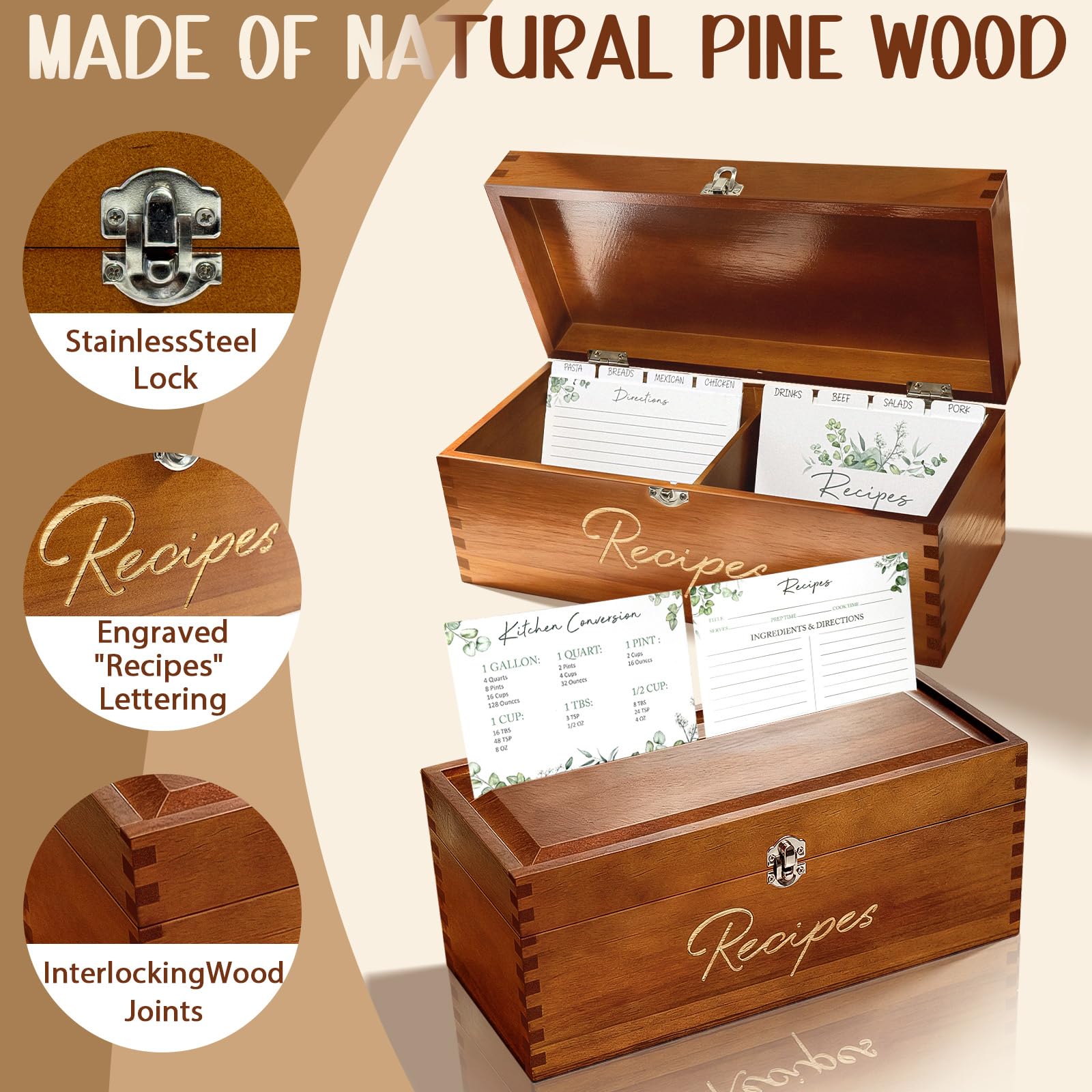 CYAOOI caja-recetas-madera-grande-divisores para clasificación clara de recetas.