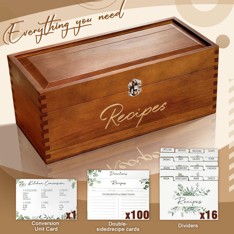 CYAOOI caja-recetas-madera-grande con tapa abierta para ver pasos rápidamente.