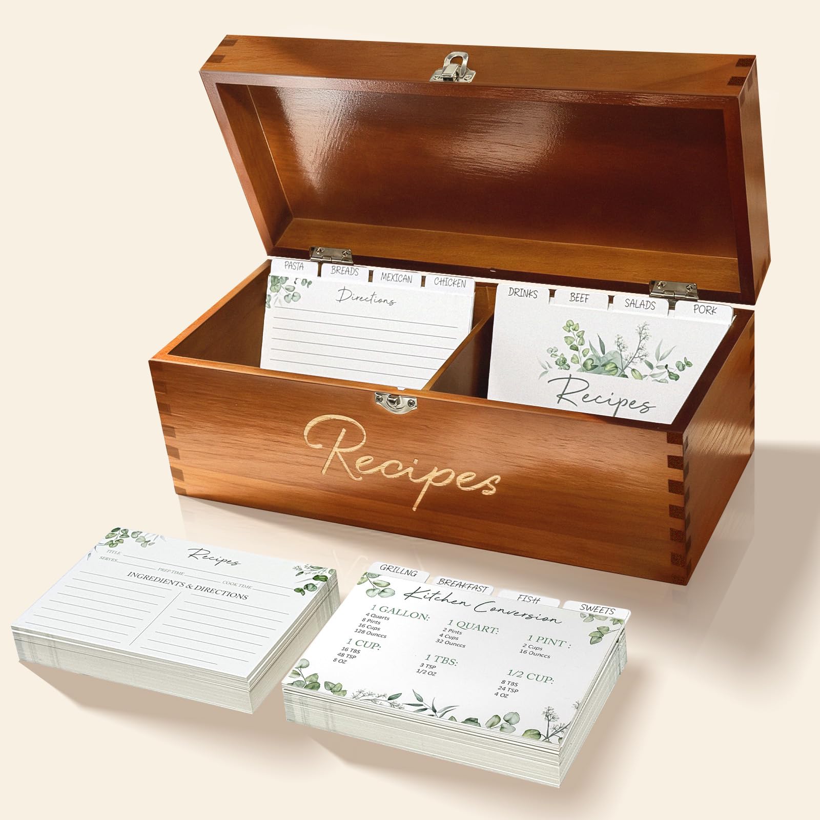 CYAOOI caja-recetas-madera-grande con tapa cerrada para almacenamiento con estilo.