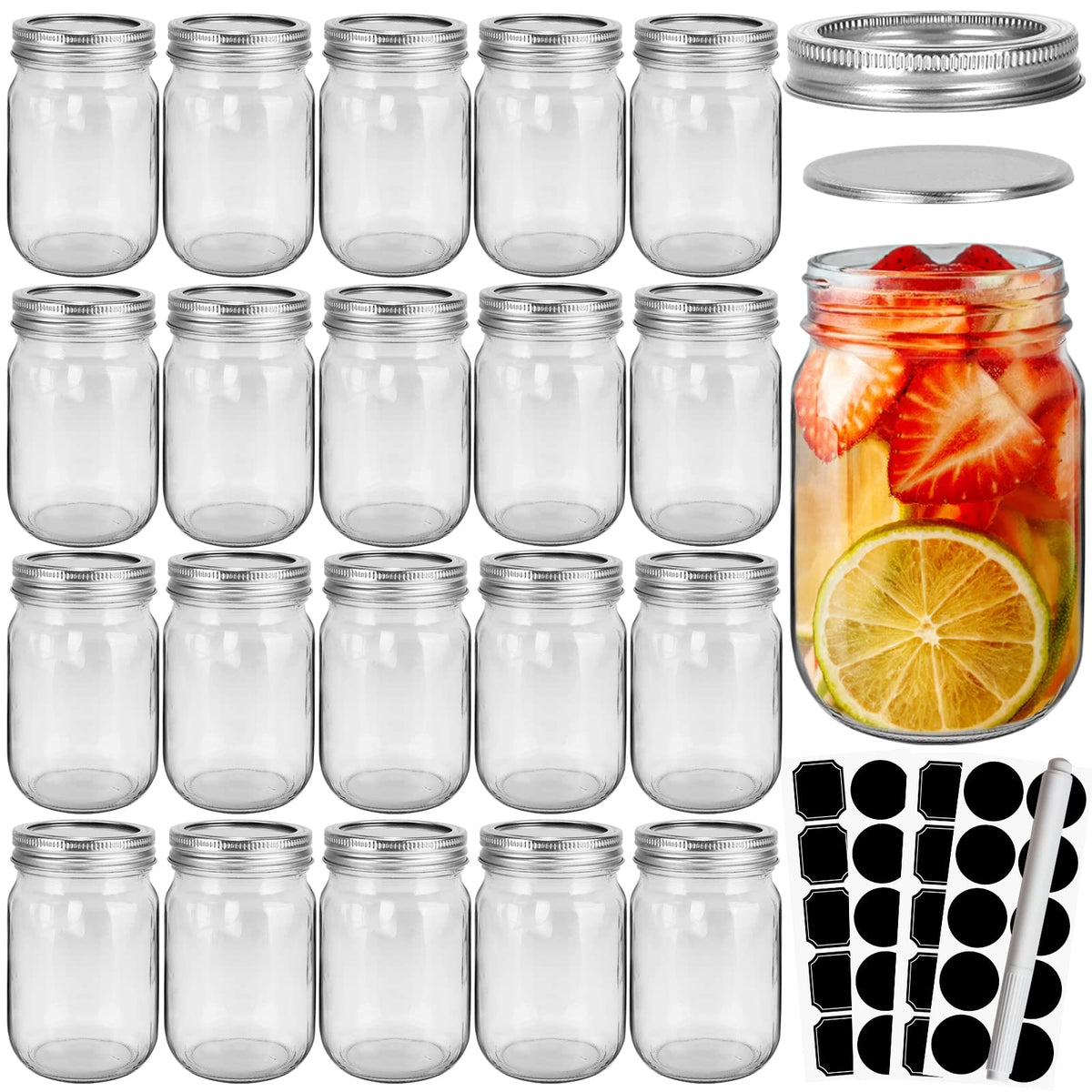 CycleMore frascos mason 12oz con tapas plata, almacenamiento claro y práctico.