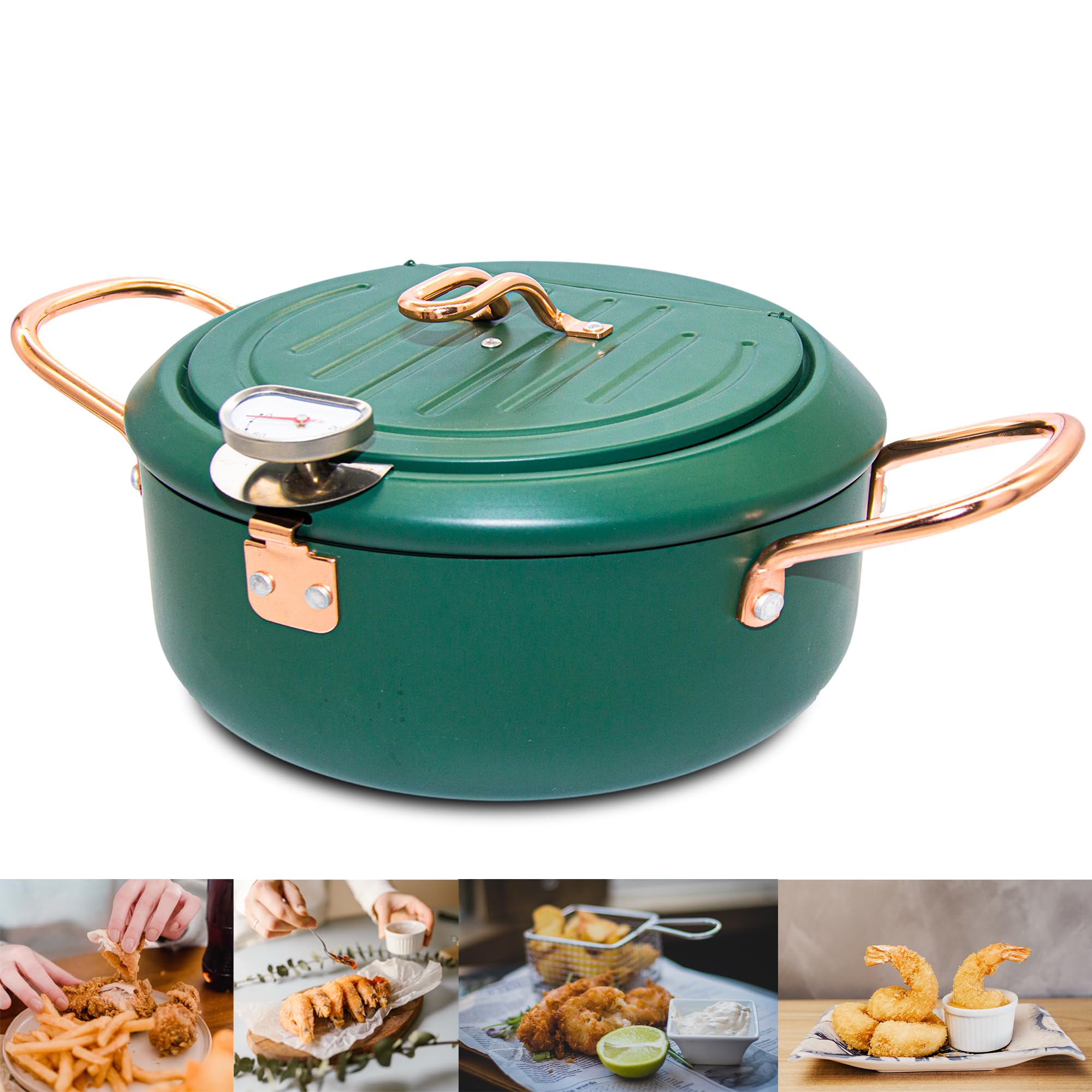 Cyrder Olla freír 4.3L con termómetro Fahrenheit para control de temperatura.