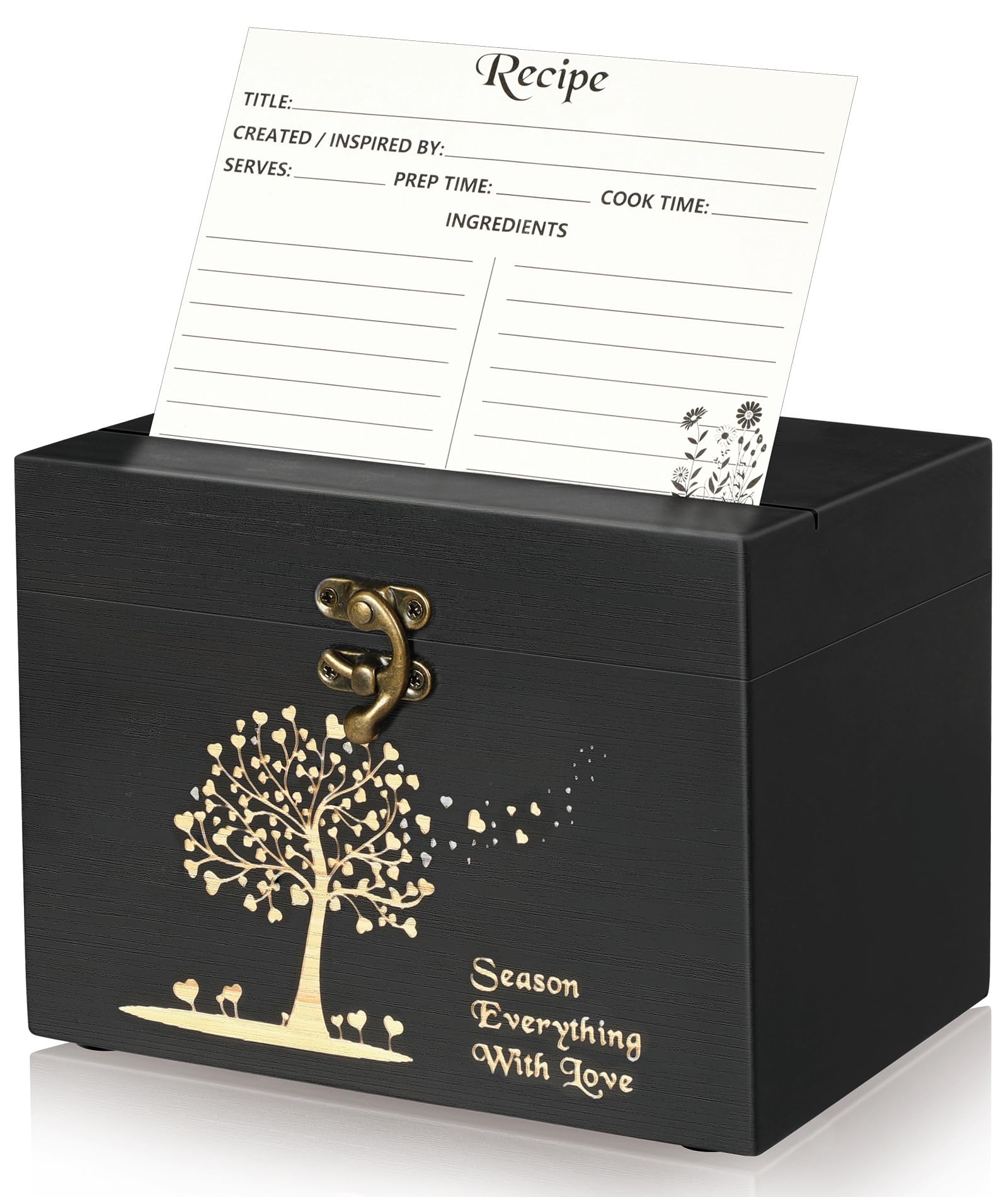 CypherX caja de recetas de madera negra, almacenamiento elegante para tus recetas favoritas.