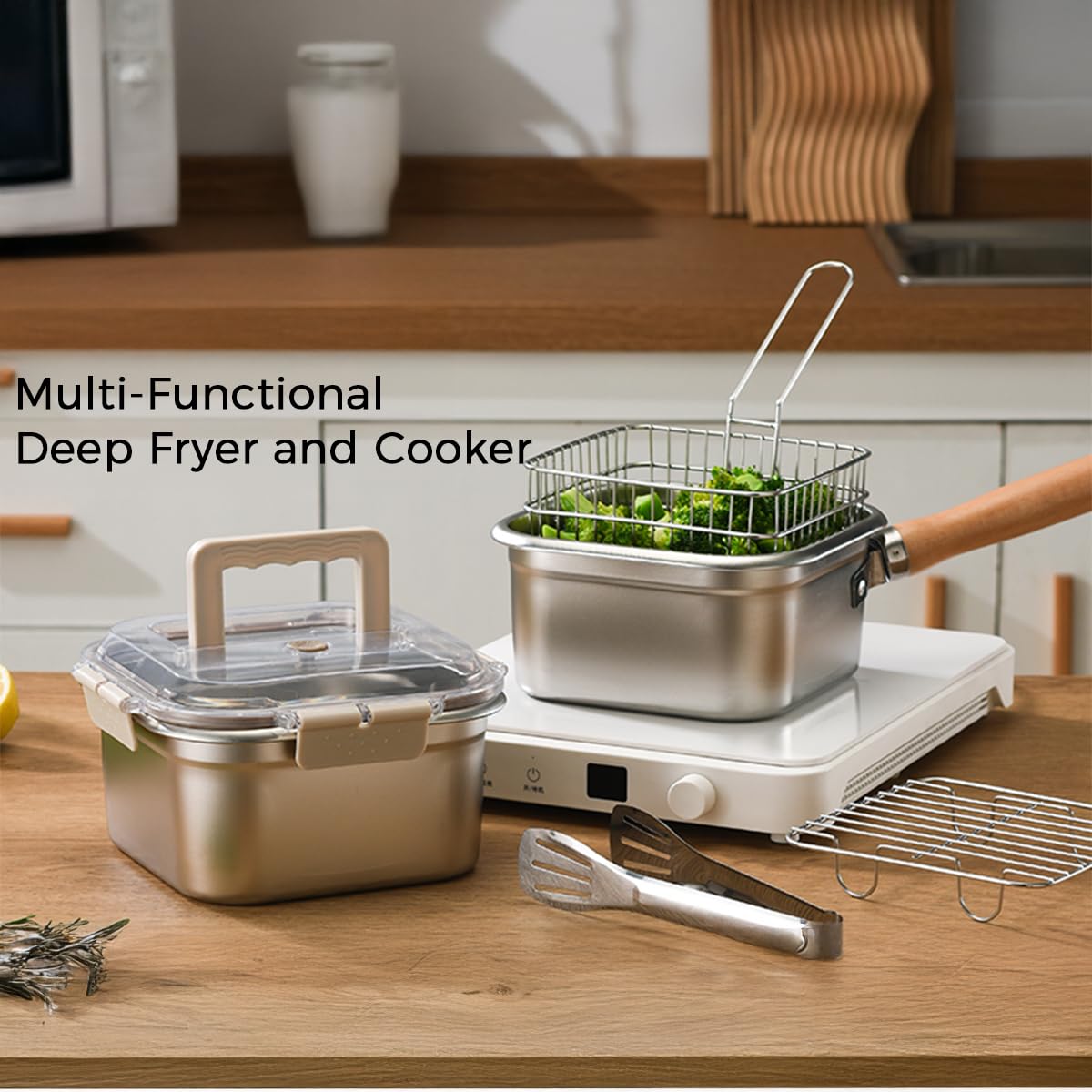 Cyrder juego incluye tapa, cesta, rack y pinzas para cocinar eficiente.