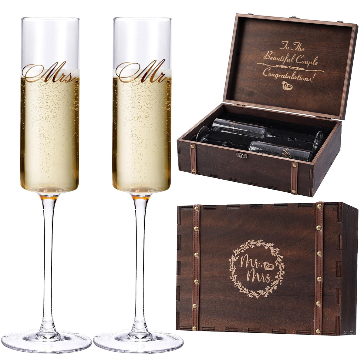 Copa de champán Cyrelwing con grabado Sr y Sra, brindis nupcial elegante.