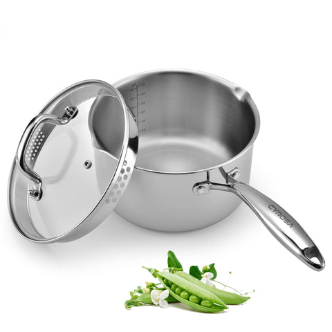 Cyrosa cazo de acero inoxidable con tapa de vidrio para escurrir pasta fácilmente