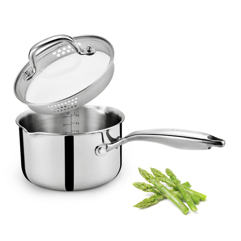 Cyrosa cazo inoxidable 3,5 cuartos con tapa escurridora de dos lados para escurrir pasta.