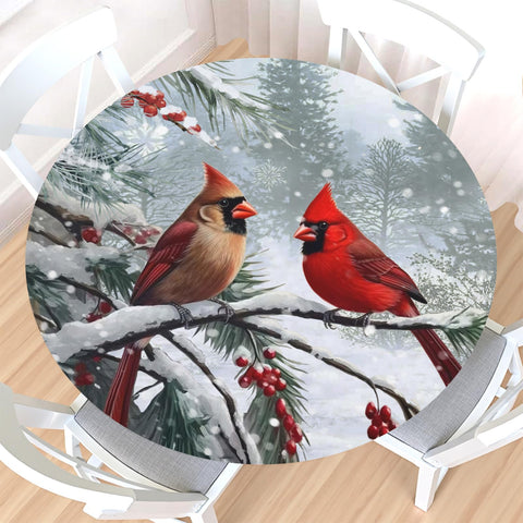 Colcha redonda navidad Czeservior con pajaro cardenal sobre mesa interior