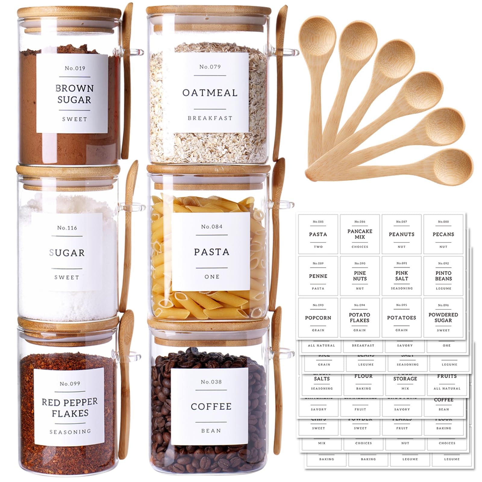 Jarras de cristal CZSZYGHBAO 6-pack con tapas de bambú y cucharas, ideal para organización.