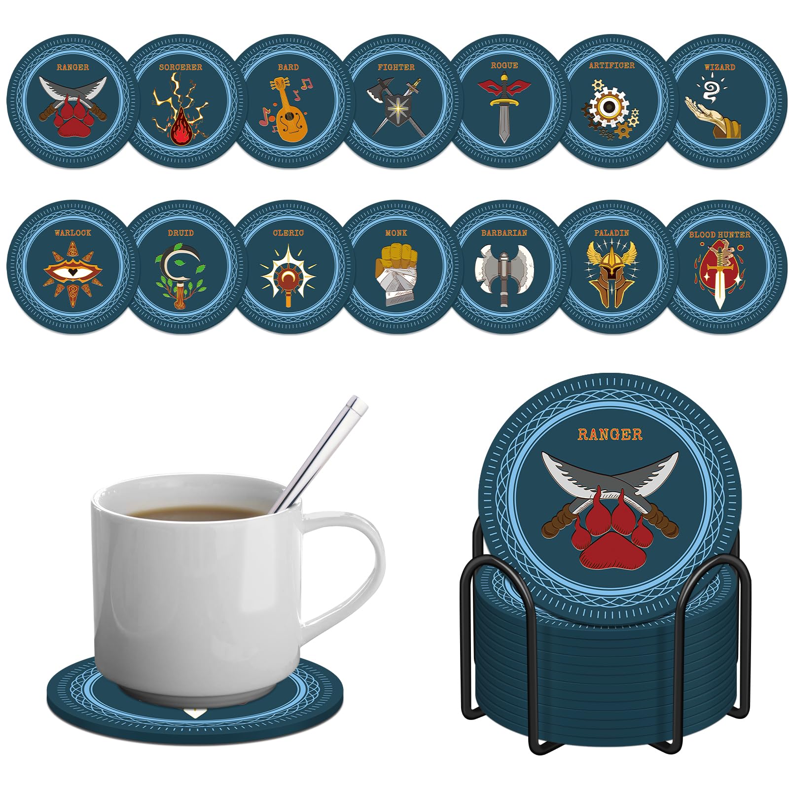 CZYY posavasos DND con 14 iconos de clase 5e para proteger la mesa durante partidas.