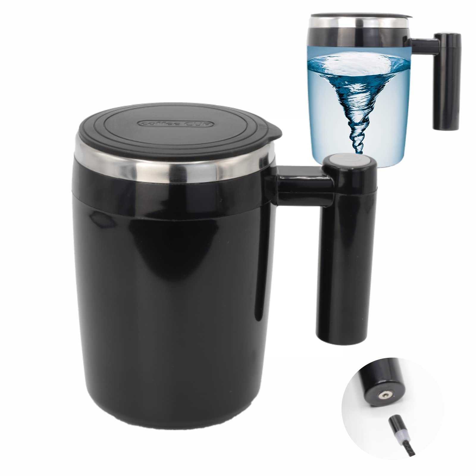 La daasigwaa taza auto-mezcla magnetica vista frontal, mezcla rapida para cafe o te.
