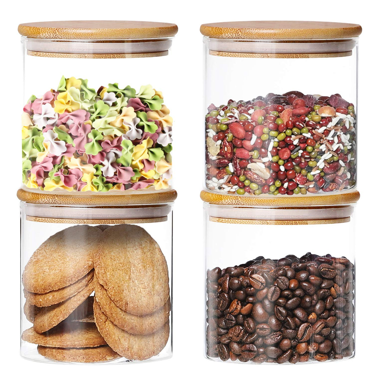 Dabacc jarras de vidrio 4 pack con tapas de bambú, almacenamiento claro para verlo todo.