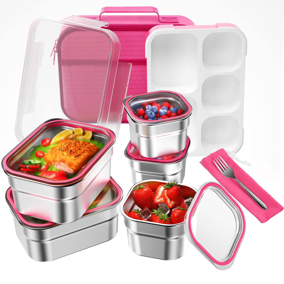 DaCool caja de almuerzo en acero inoxidable rosa, vista general, ideal para comidas diarias seguras.