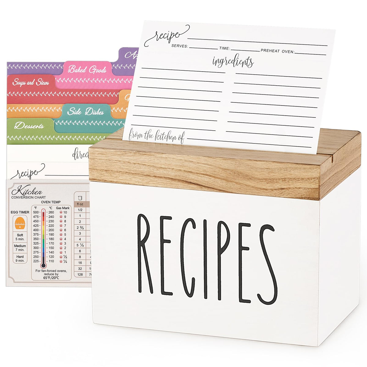 Dahey caja de recetas blanca, vista frontal, para organización rápida en la cocina.