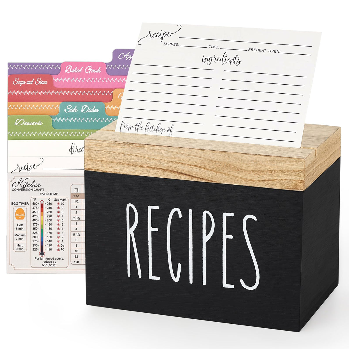 Dahey caja de recetas de madera negra con tapa marrón para ordenar recetas en la cocina.
