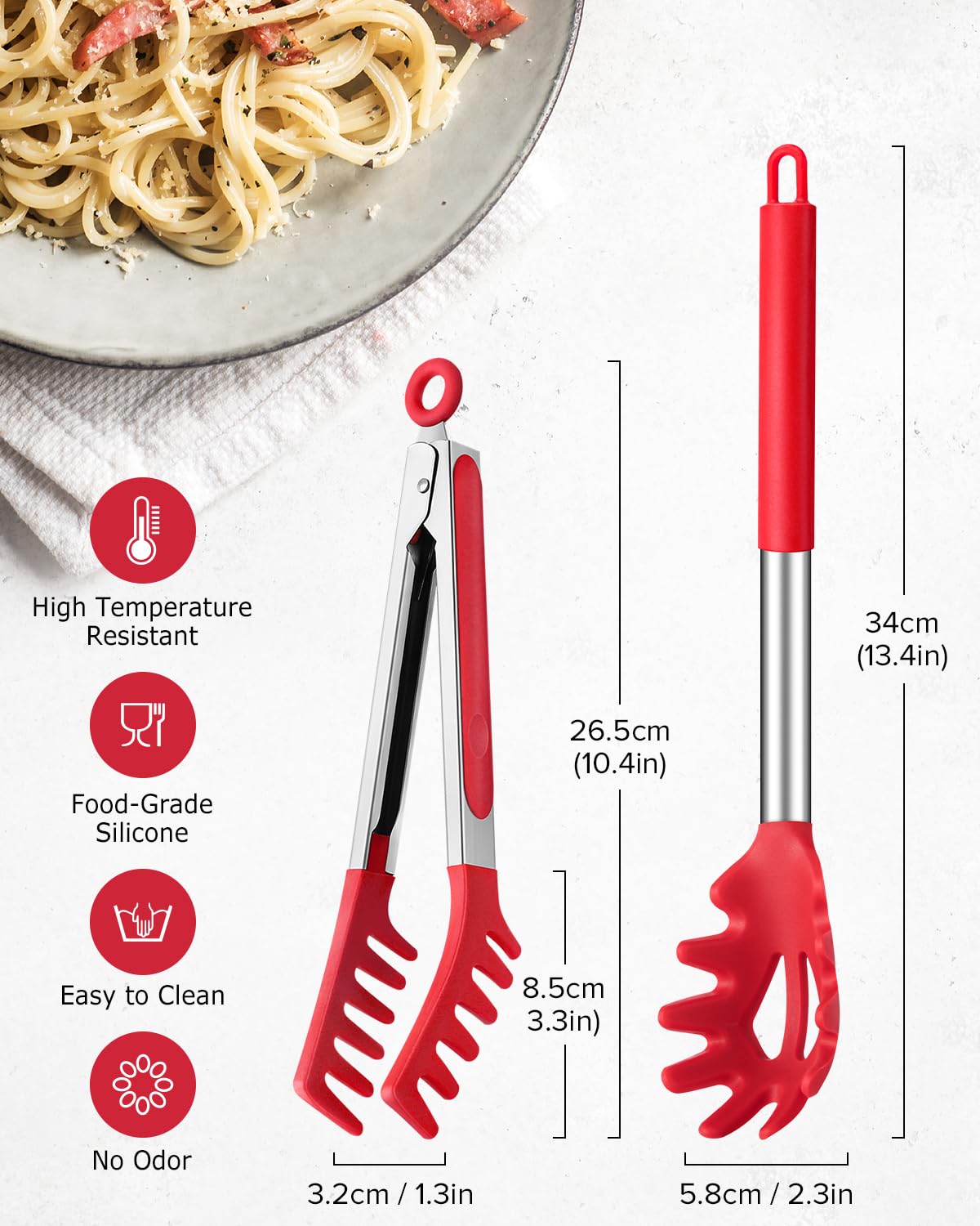 Cuchara para espagueti DaiRen Kitchen de silicona antiadherente roja.
