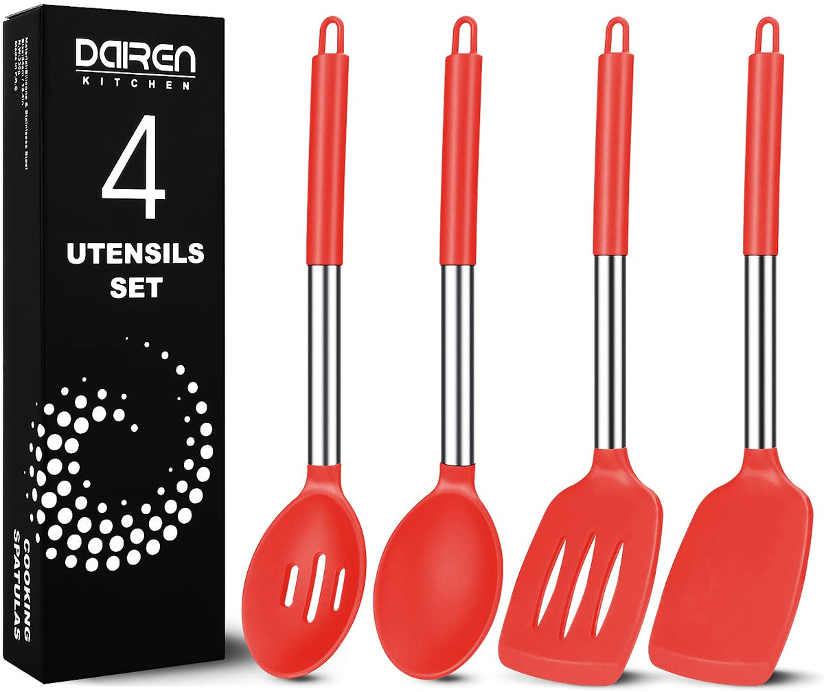 DaiRen Kitchen conjunto de cuatro utensilios de silicona rojos para cocina versátil