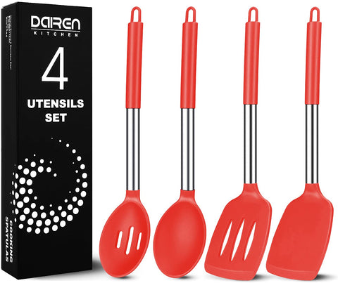 DaiRen Kitchen conjunto de cuatro utensilios de silicona rojos para cocina versátil