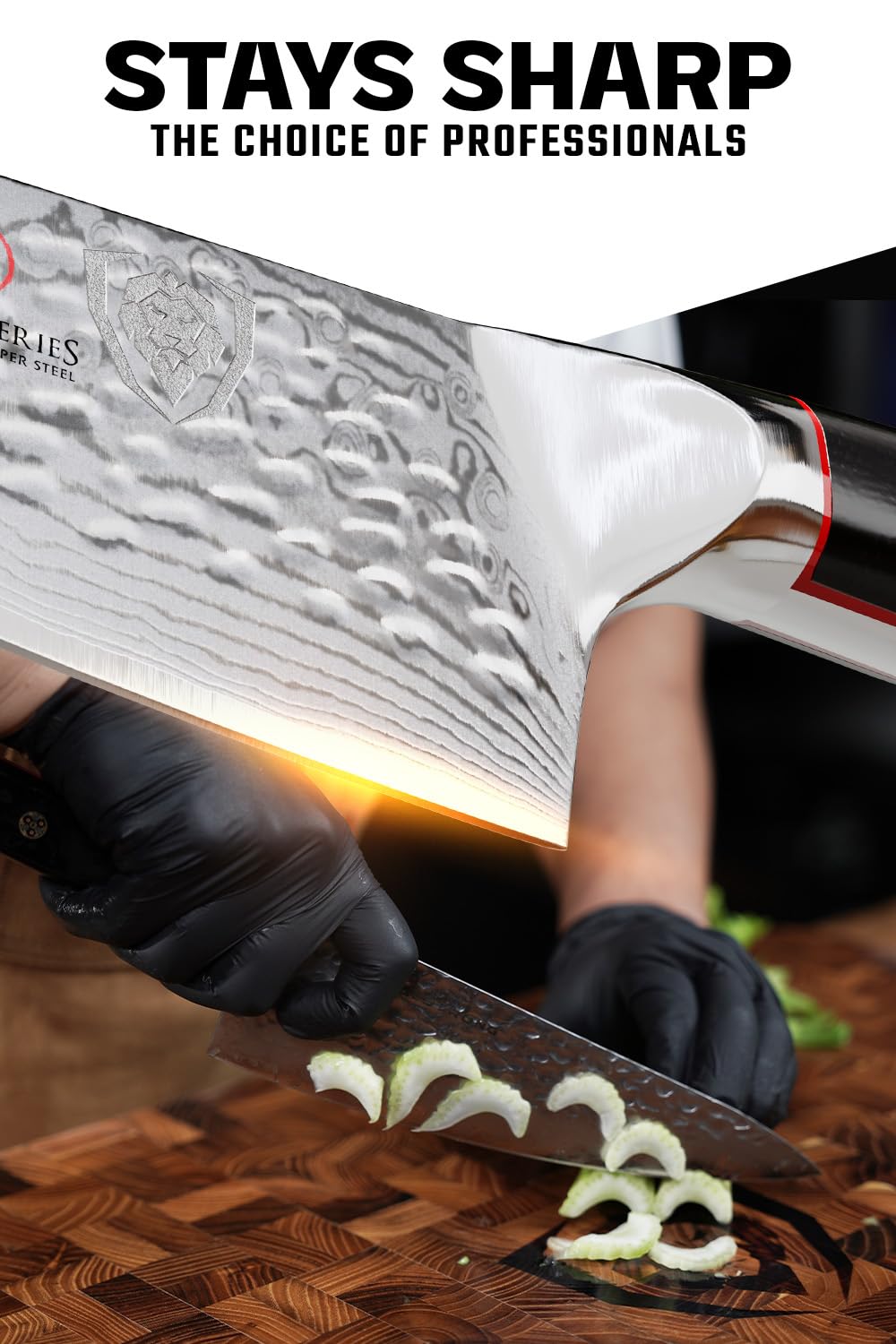 Cuchillo Dalstrong con acabado martillado, ideal para cortes uniformes