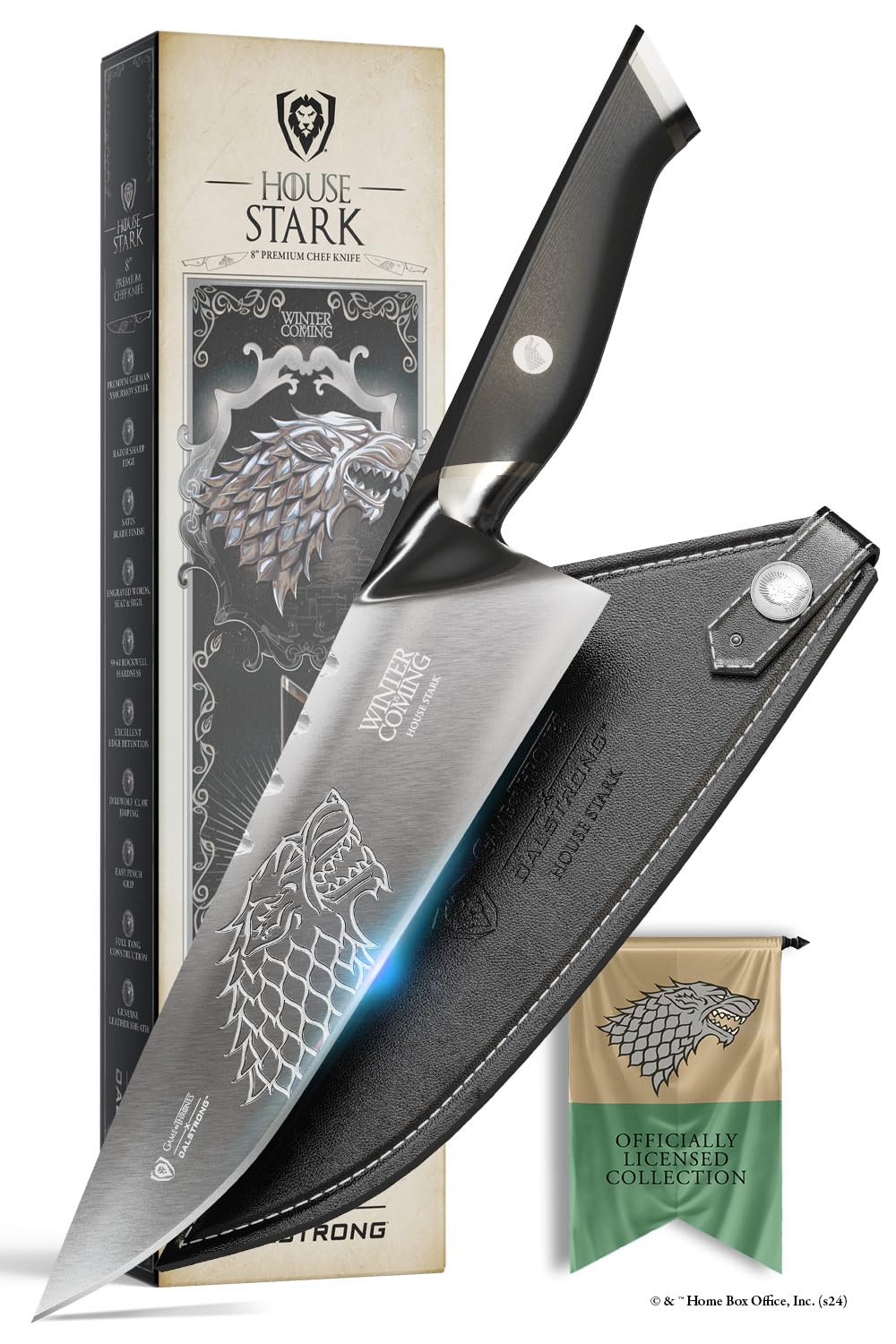 Dalstrong cuchillo chef 8 pulgadas Stark grabado para cortes precisos y presentación.