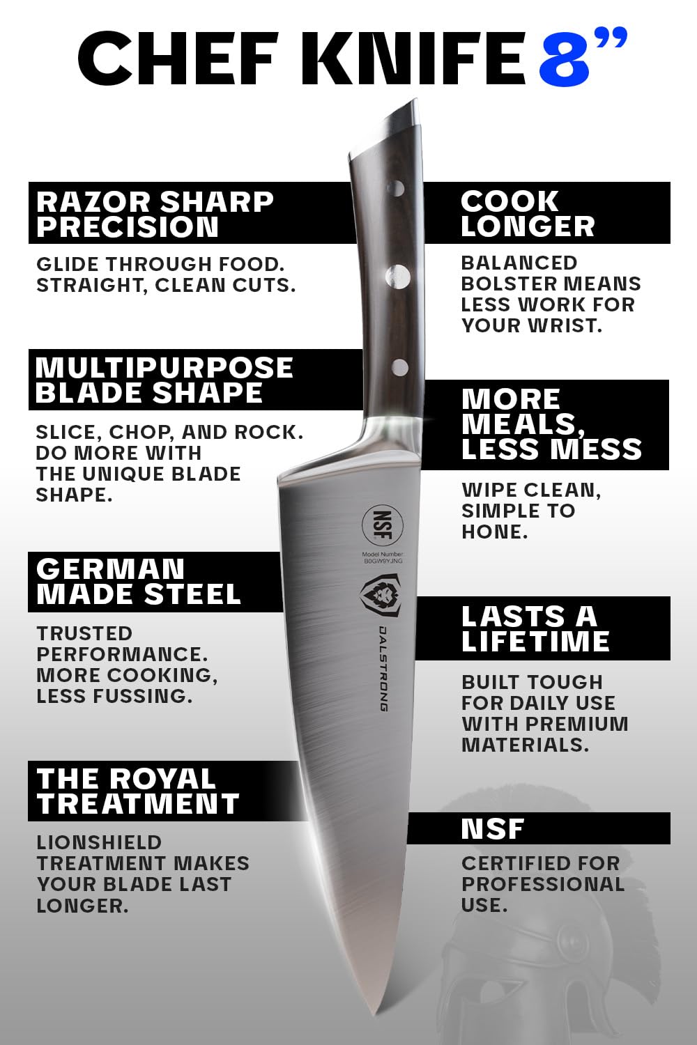 Dalstrong Gladiator cuchillo chef 8 pulgadas funda incluida para almacenamiento seguro.