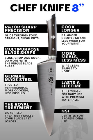 Dalstrong Gladiator cuchillo chef 8 pulgadas funda incluida para almacenamiento seguro.