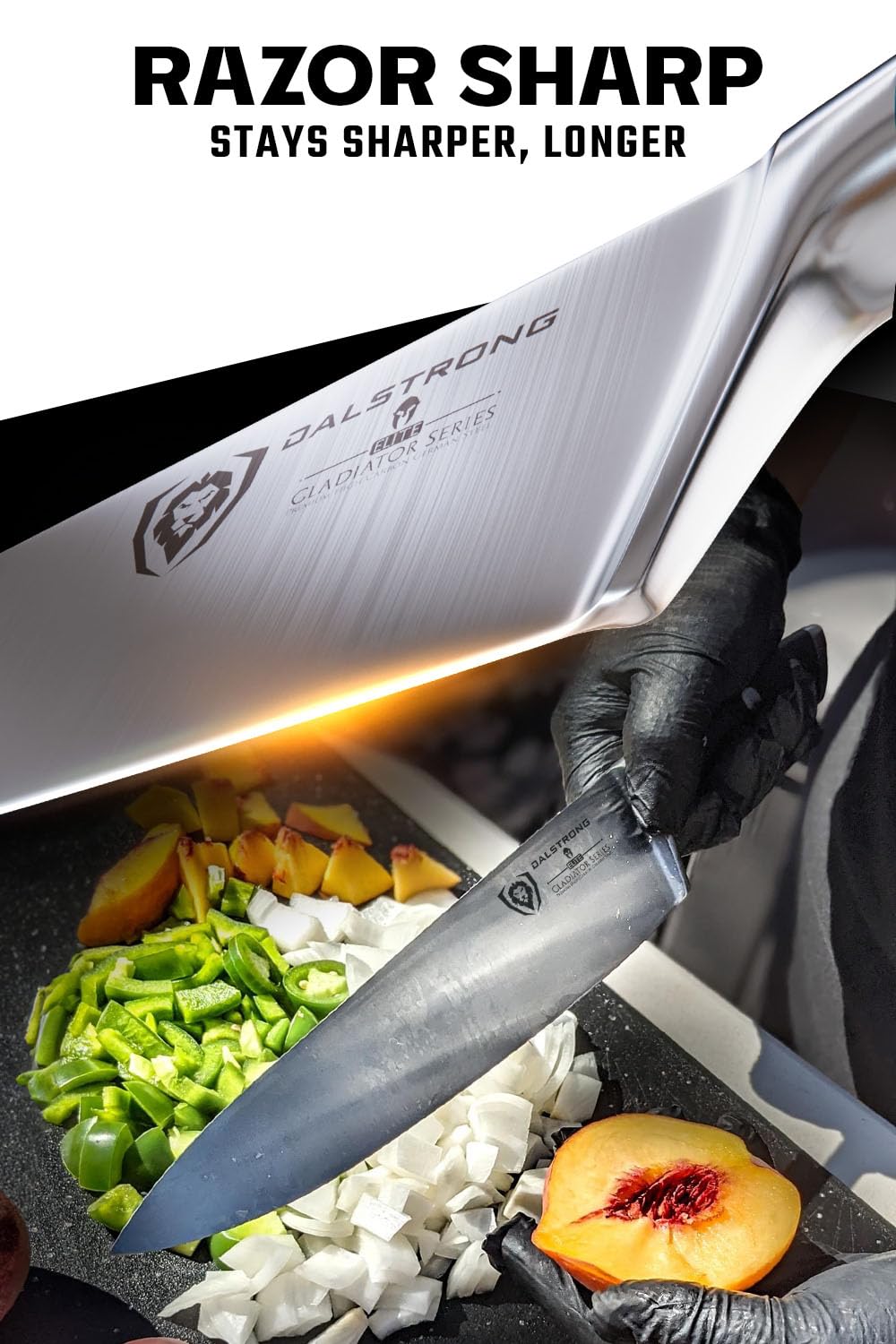 Dalstrong Gladiator cuchillo chef 8 pulgadas mango ergonômico ABS para mayor control.