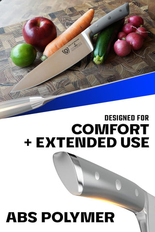 Dalstrong cuchillo chef 8 pulgadas Gladiator, dorso satinado para deslizamiento suave.