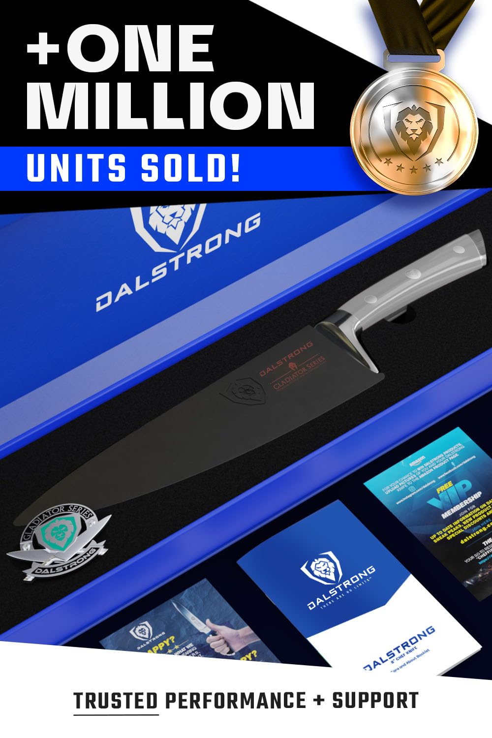Dalstrong cuchillo chef 8 pulgadas Gladiator, funda incluida para almacenamiento seguro.