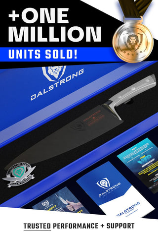 Dalstrong cuchillo chef 8 pulgadas Gladiator, funda incluida para almacenamiento seguro.