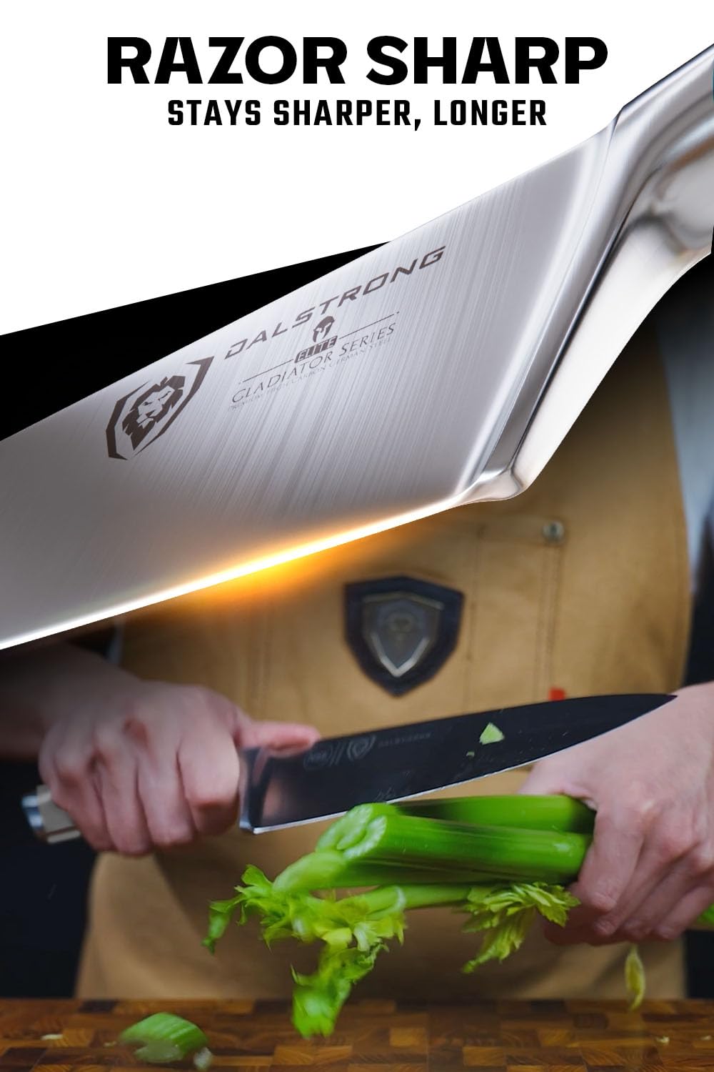 Dalstrong cuchillo chef 8 pulgadas Gladiator, mango ABS humo, agarre cómodo y control total.