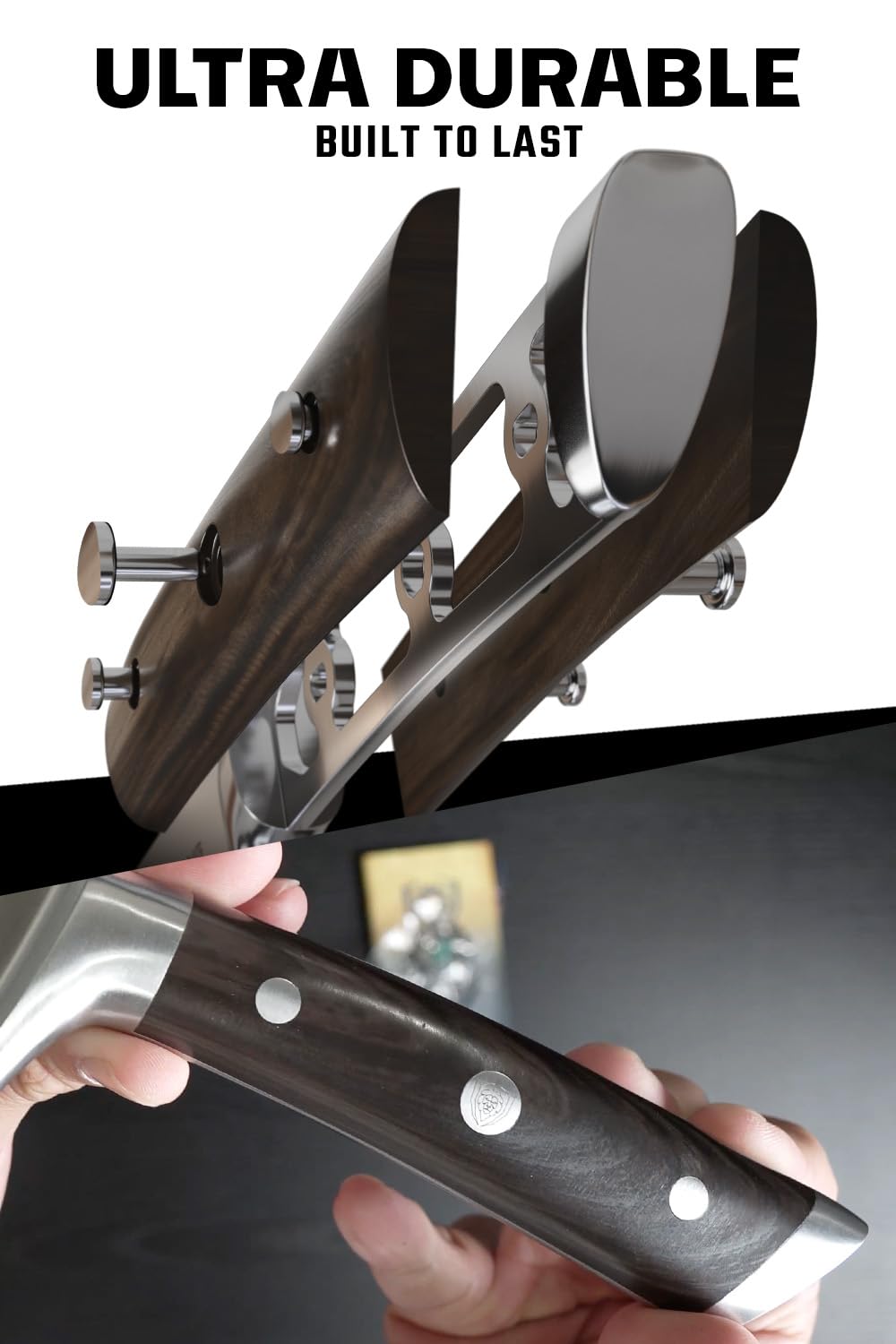 Dalstrong Gladiator cuchillo chef 8 pulgadas tang completo para equilibrio estable.