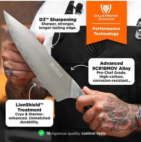 Bisel de 8 a 12 grados en cuchillo Dalstrong Valhalla para cortes precisos.