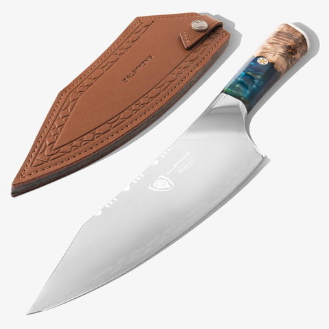 Cuchillo Dalstrong Valhalla con resina celestial y madera estabilizada para manejo cómodo.