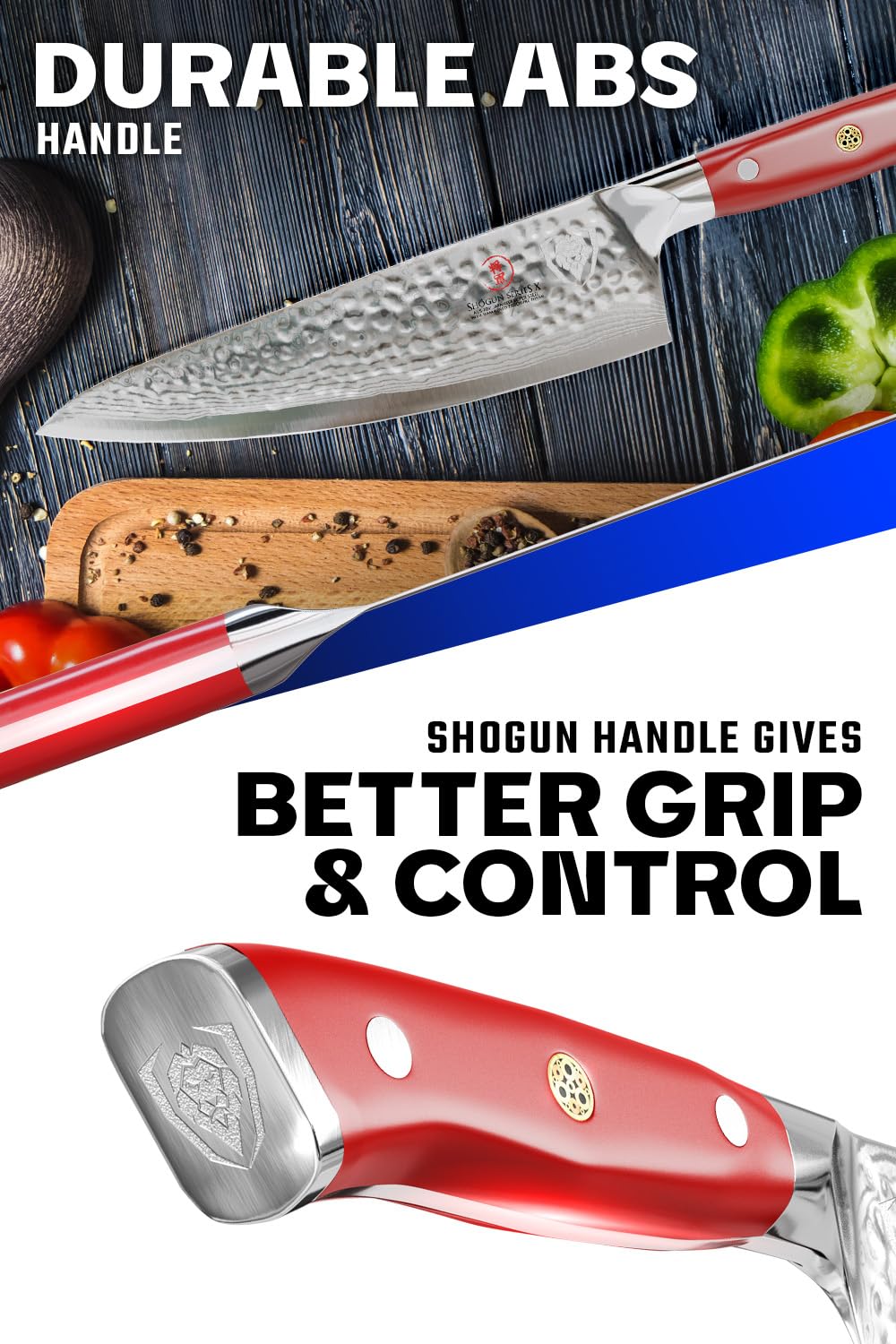 Dalstrong Shogun con empuñadura ABS roja ergonómica mejora el control