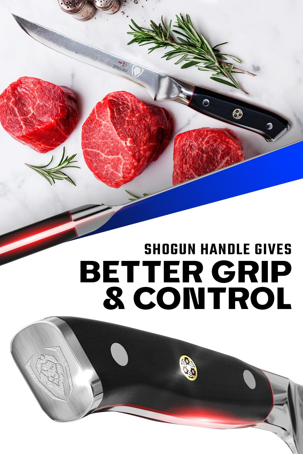 Dalstrong cuchillo desos con funda incluida, almacenamiento seguro tras la cocina.