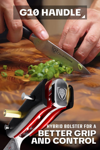 Cuchillo Dalstrong, espiga completa y remaches para mayor robustez en cocina.