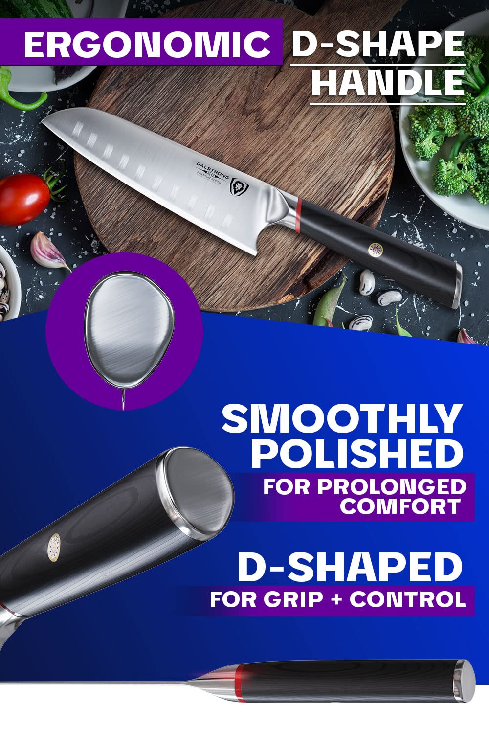 Dalstrong Santoku Phantom: agarre ergonómico para muñeca estable en la cocina.
