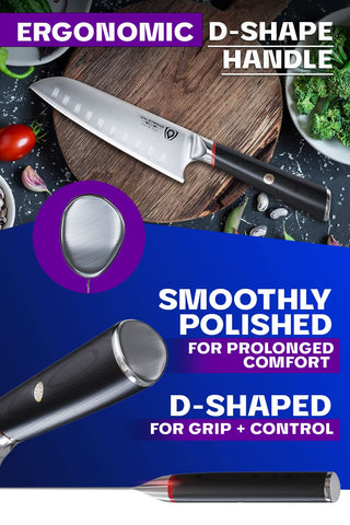 Dalstrong Santoku Phantom: agarre ergonómico para muñeca estable en la cocina.