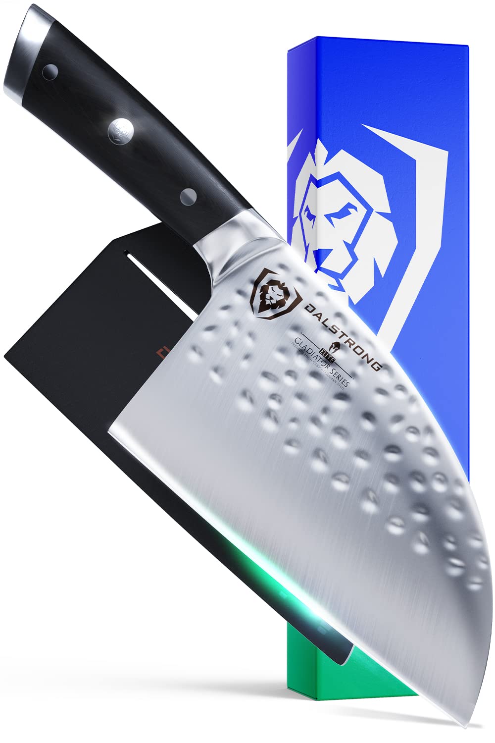 Dalstrong cuchillo serbio, hoja martillada, potencia de corte para carnes y verduras.