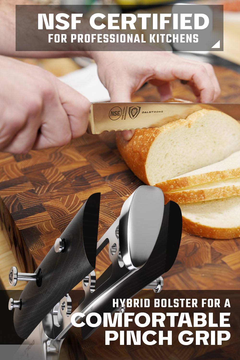 Dalstrong cuchillo serrado para pan muestra ergonomía del mango G10 para agarre cómodo.