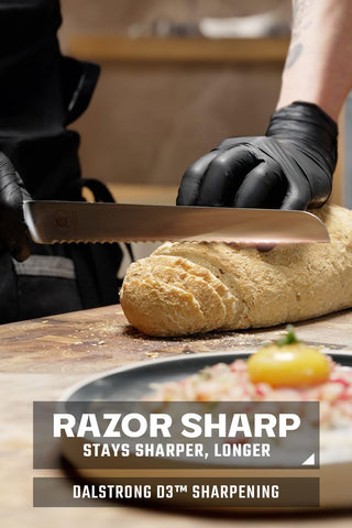 Dalstrong cuchillo serrado para pan con mango G10 y tres remaches para mayor estabilidad.