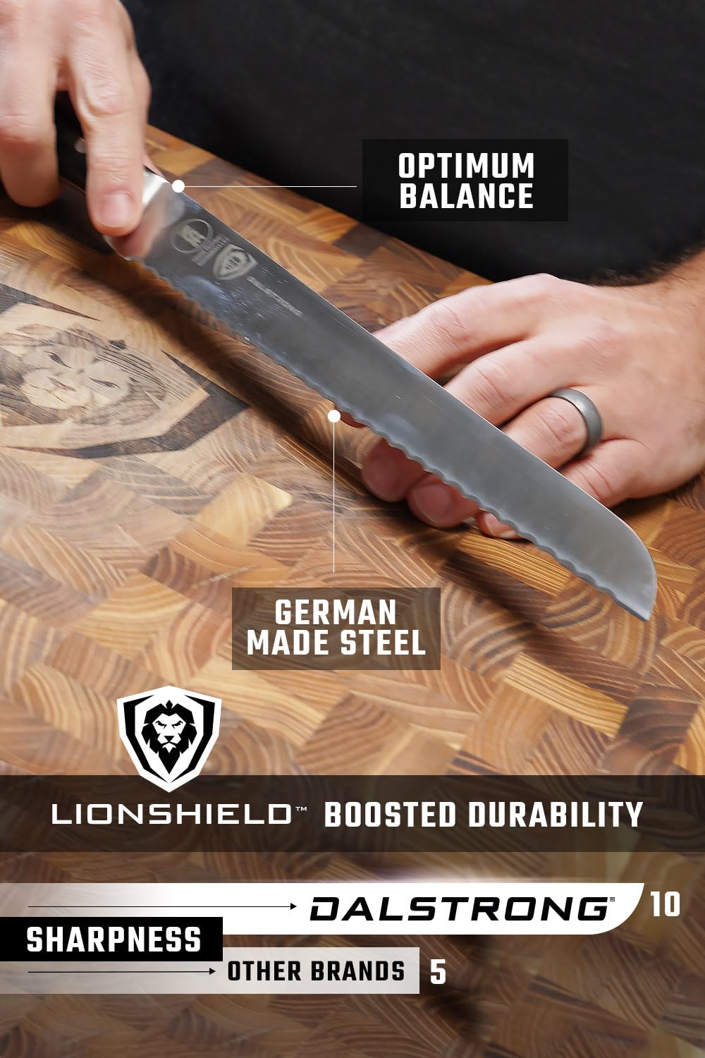 Dalstrong cuchillo serrado pan certificado NSF para seguridad en la cocina.