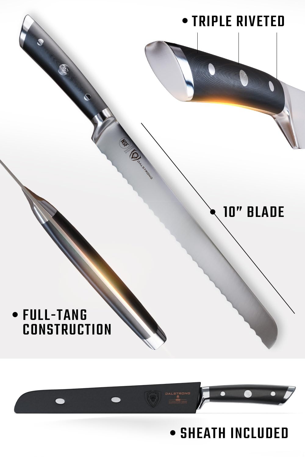 Dalstrong cuchillo serrado para pan demostrando corte suave de pan en rebanadas.