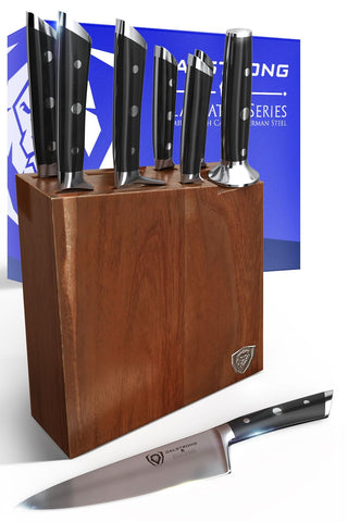 Conjunto Dalstrong Gladiator de 8 piezas en bloque, organización y durabilidad para la cocina.