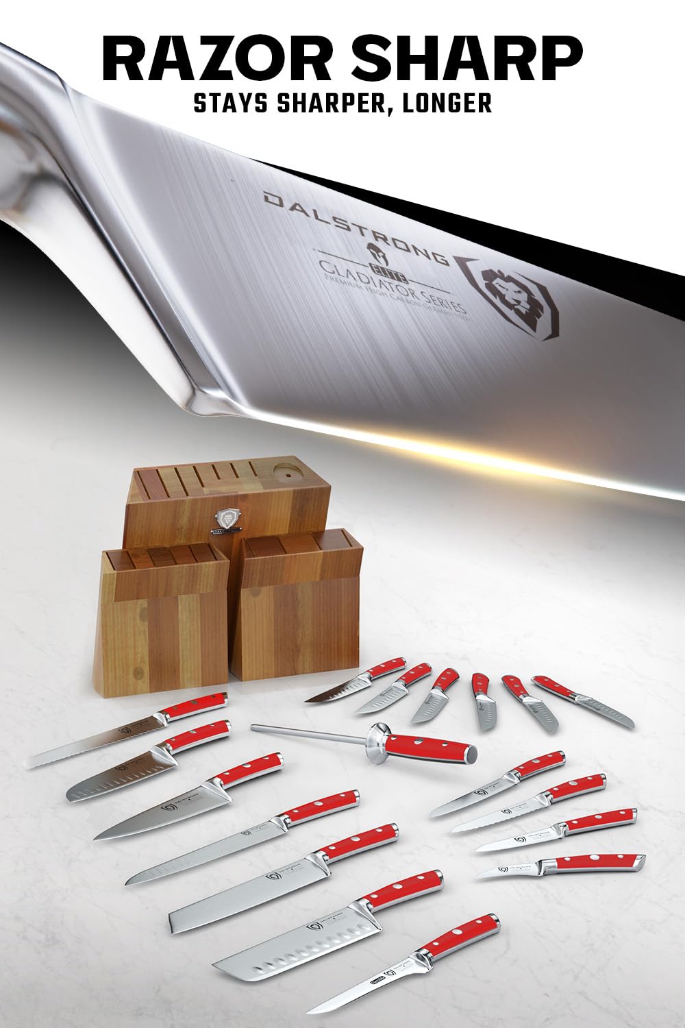 Dalstrong Gladiator Elite: bloque de acacia elegante para exhibir cuchillos.