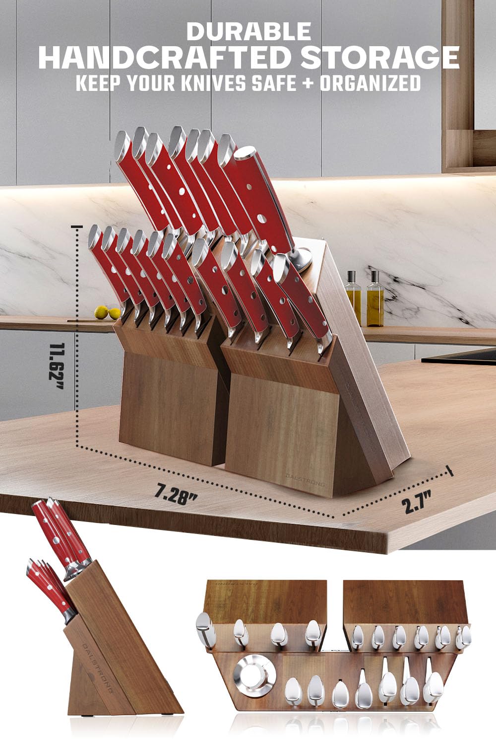 Dalstrong Gladiator Elite: mangos rojos ergonómicos para agarre cómodo.