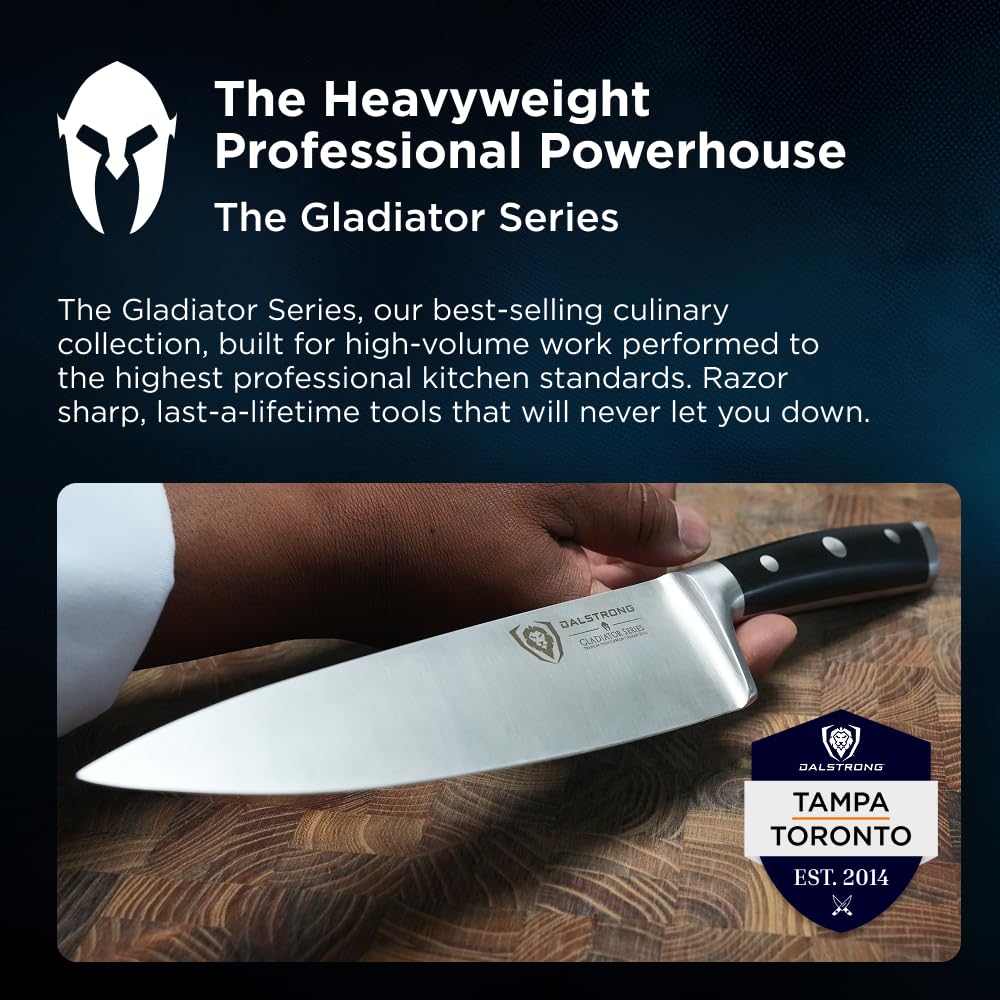 Dalstrong Gladiator Elite 8 pulgadas funda incluida para almacenamiento seguro.