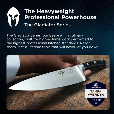 Dalstrong Gladiator Elite 8 pulgadas funda incluida para almacenamiento seguro.