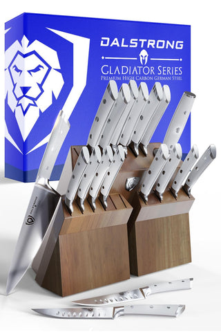 Dalstrong Gladiator Elite: bloque de acacia para almacenamiento seguro y presentación premium.
