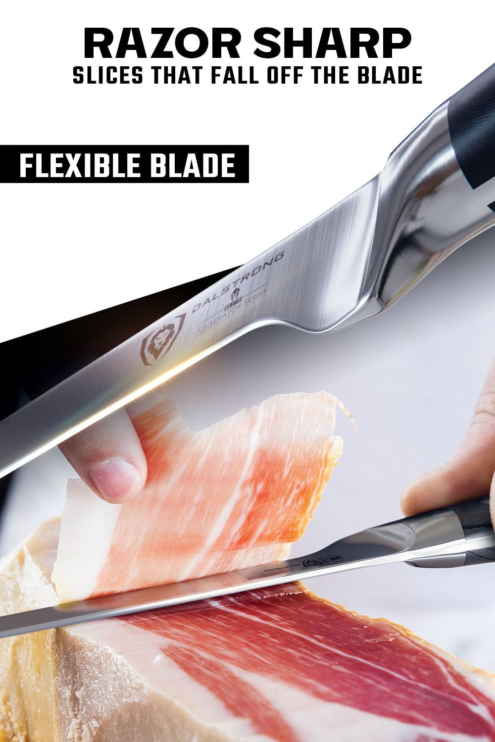 Dalstrong Gladiator Elite Hoja de alto carbono, corte limpio para jamón y fiambres.